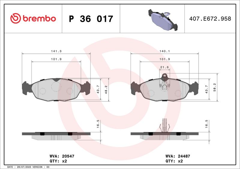 Zestaw klocków hamulcowych, hamulce tarczowe BREMBO P 36 017
