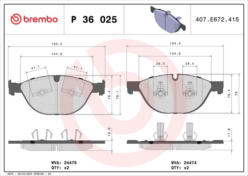 Zestaw klocków hamulcowych, hamulce tarczowe BREMBO P 36 025