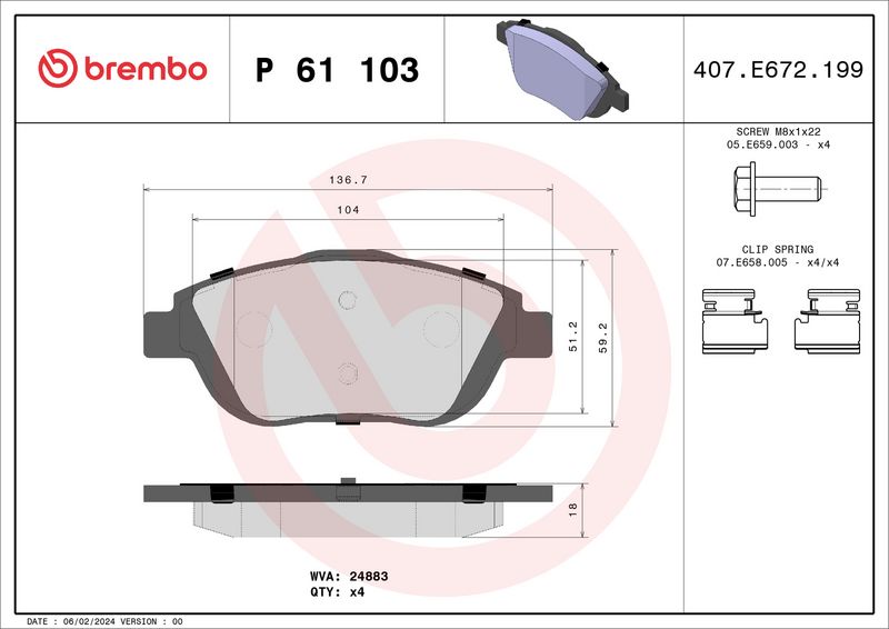 Zestaw klocków hamulcowych, hamulce tarczowe BREMBO P 61 103X