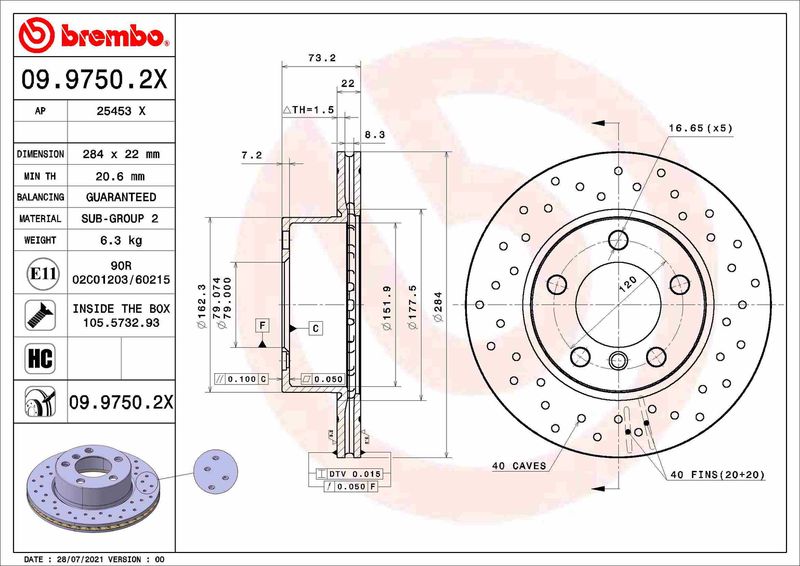 Tarcza hamulcowa BREMBO 09.9750.2X