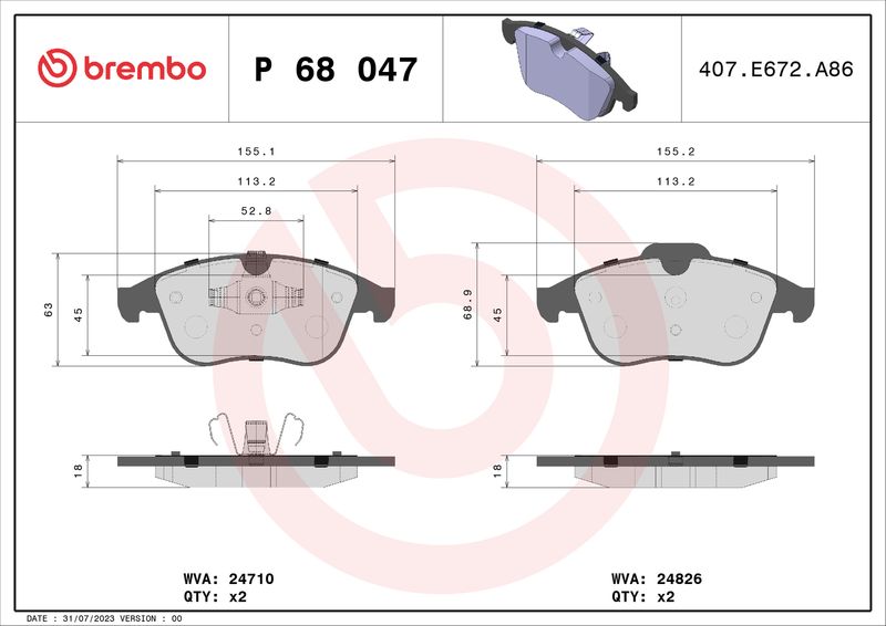 Zestaw klocków hamulcowych, hamulce tarczowe BREMBO P 68 047