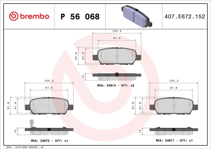 Zestaw klocków hamulcowych, hamulce tarczowe BREMBO P 56 068