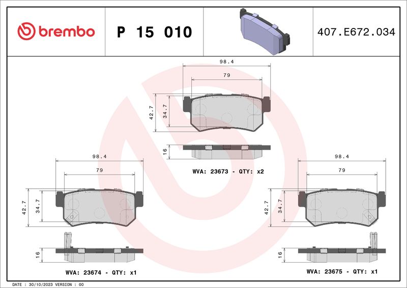 Zestaw klocków hamulcowych, hamulce tarczowe BREMBO P 15 010