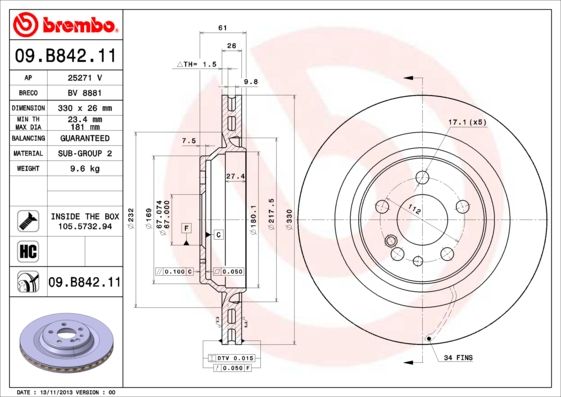 Tarcza hamulcowa BREMBO 09.b842.11