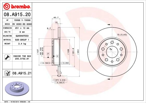 Tarcza hamulcowa BREMBO 08.A915.21