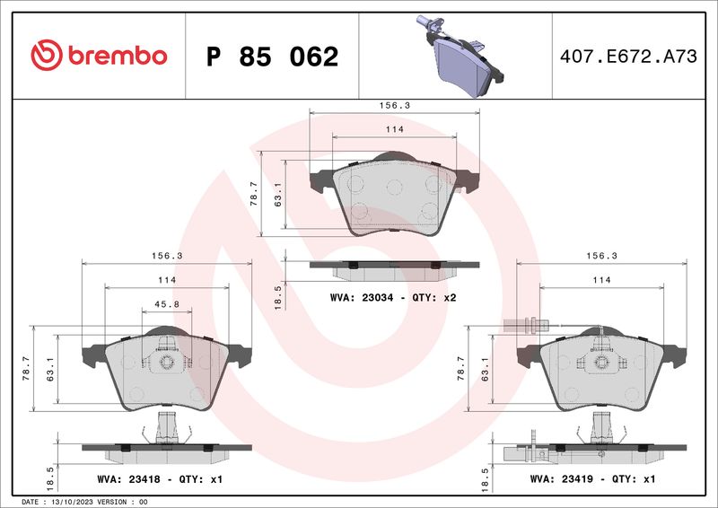 Zestaw klocków hamulcowych, hamulce tarczowe BREMBO P 85 062
