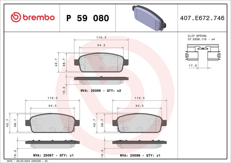 Zestaw klocków hamulcowych, hamulce tarczowe BREMBO P 59 080X