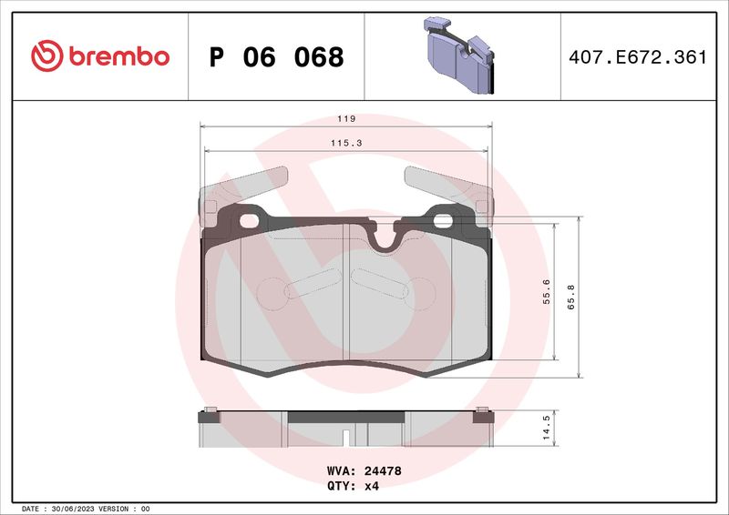 Zestaw klocków hamulcowych, hamulce tarczowe BREMBO P 06 068