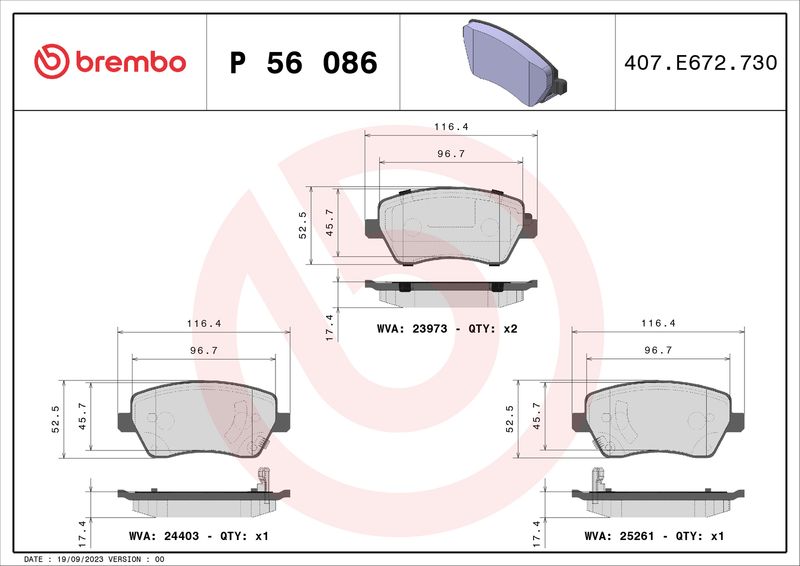 Zestaw klocków hamulcowych, hamulce tarczowe BREMBO P 56 086