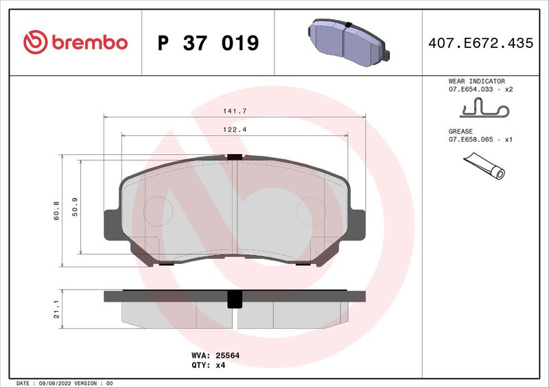 Zestaw klocków hamulcowych, hamulce tarczowe BREMBO P 37 019