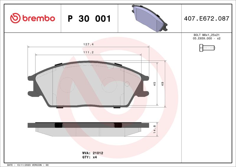 Zestaw klocków hamulcowych, hamulce tarczowe BREMBO P 30 001