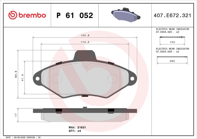 Zestaw klocków hamulcowych, hamulce tarczowe BREMBO P 61 052