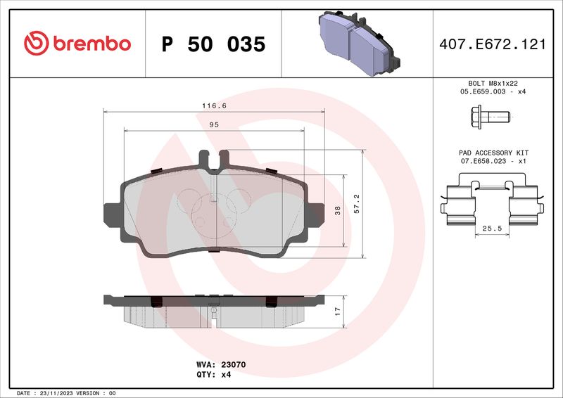 Zestaw klocków hamulcowych, hamulce tarczowe BREMBO P 50 035