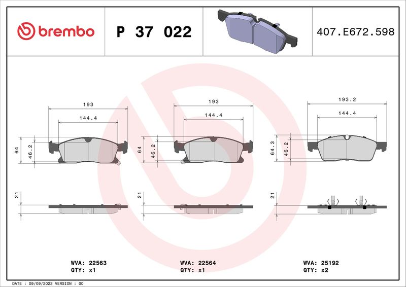 Zestaw klocków hamulcowych, hamulce tarczowe BREMBO P 37 022