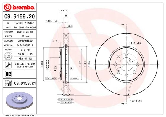Tarcza hamulcowa BREMBO 09.9159.21