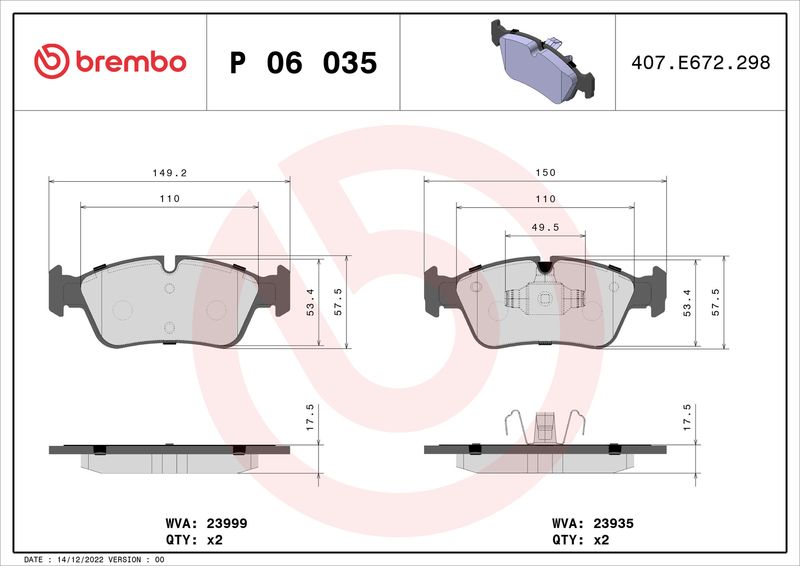 Zestaw klocków hamulcowych, hamulce tarczowe BREMBO P 06 035