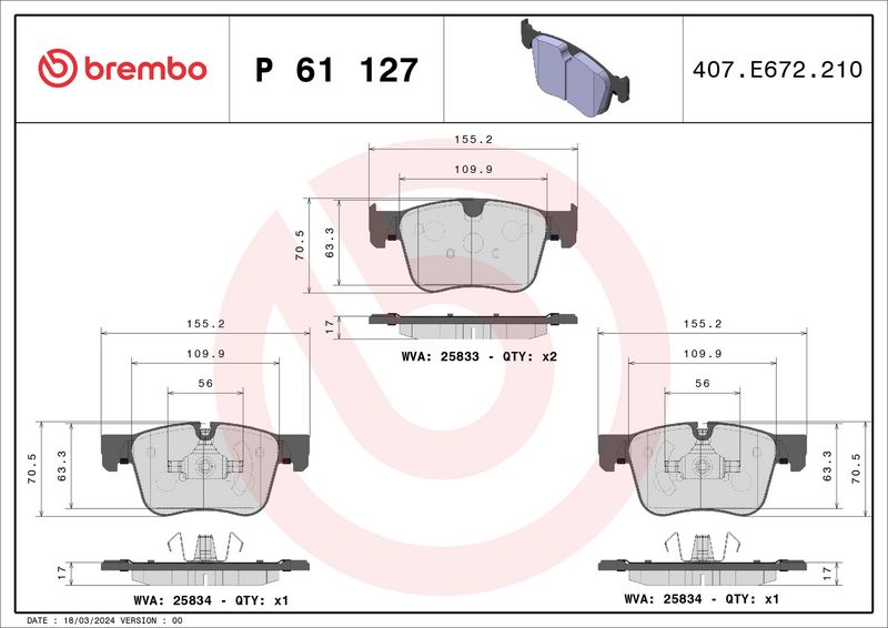Zestaw klocków hamulcowych, hamulce tarczowe BREMBO P 61 127X