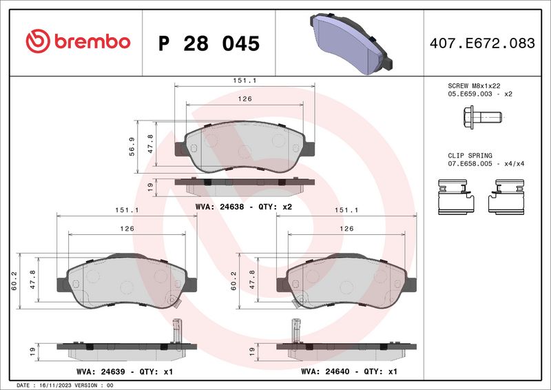 Zestaw klocków hamulcowych, hamulce tarczowe BREMBO P 28 045X