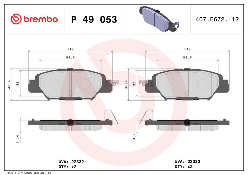 Zestaw klocków hamulcowych, hamulce tarczowe BREMBO P 49 053