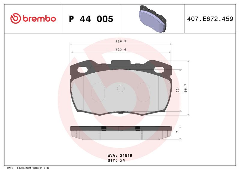 Zestaw klocków hamulcowych, hamulce tarczowe BREMBO P 44 005