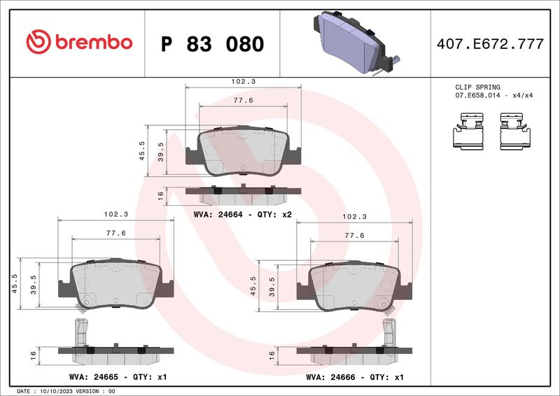 Zestaw klocków hamulcowych, hamulce tarczowe BREMBO P 83 080X
