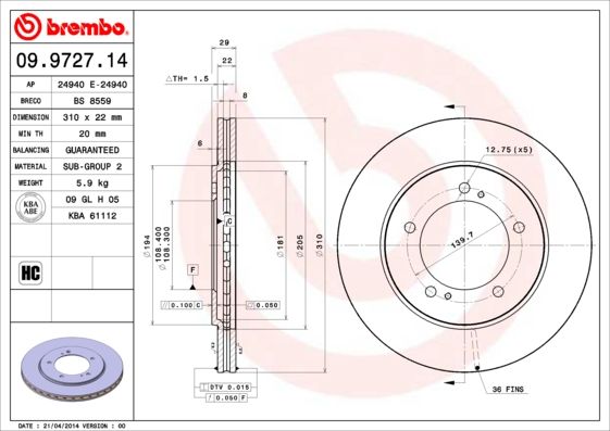 Tarcza hamulcowa BREMBO 09.9727.14