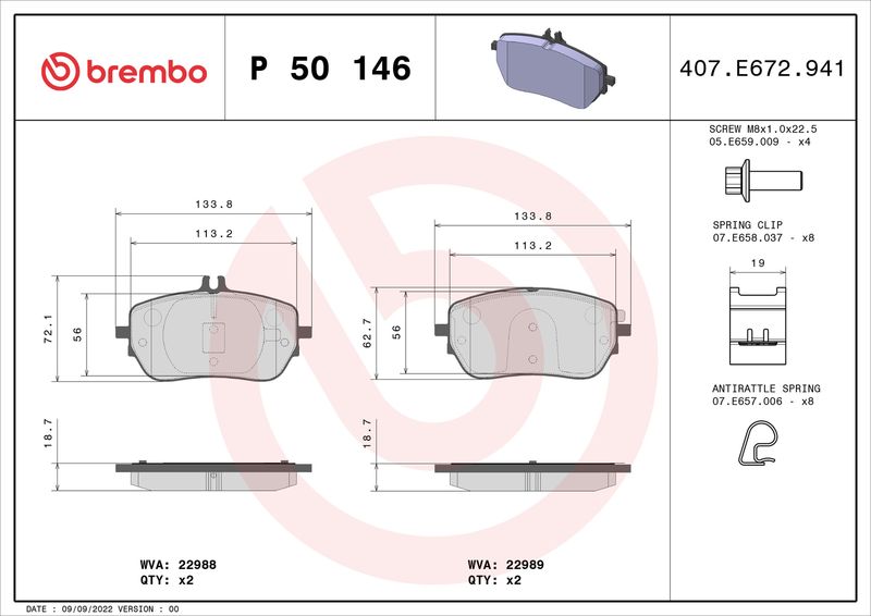 Zestaw klocków hamulcowych, hamulce tarczowe BREMBO P 50 146