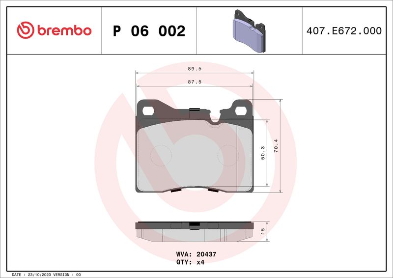 Zestaw klocków hamulcowych, hamulce tarczowe BREMBO P 06 002