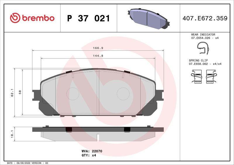 Zestaw klocków hamulcowych, hamulce tarczowe BREMBO P 37 021