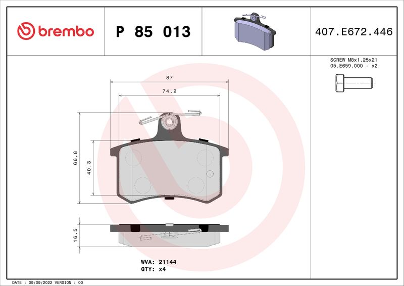 Zestaw klocków hamulcowych, hamulce tarczowe BREMBO P 85 013