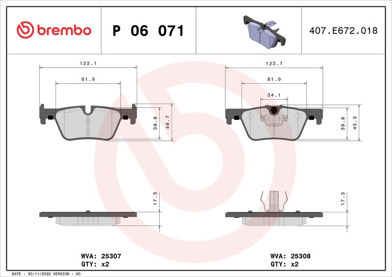 Zestaw klocków hamulcowych, hamulce tarczowe BREMBO P 06 071