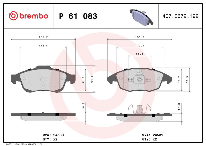 Zestaw klocków hamulcowych, hamulce tarczowe BREMBO P 61 083