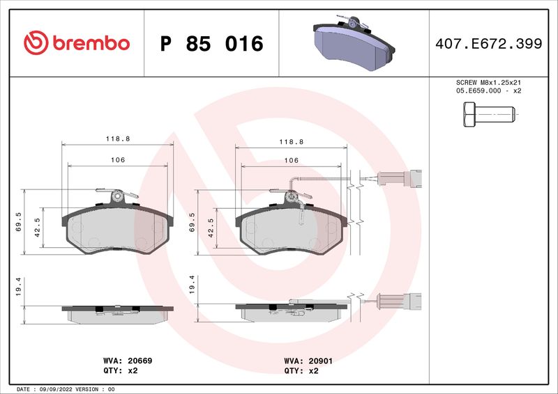 Zestaw klocków hamulcowych, hamulce tarczowe BREMBO P 85 016