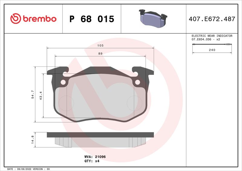 Zestaw klocków hamulcowych, hamulce tarczowe BREMBO P 68 015