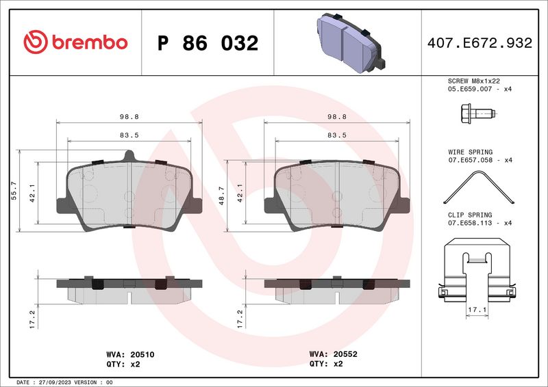 Zestaw klocków hamulcowych, hamulce tarczowe BREMBO P 86 032
