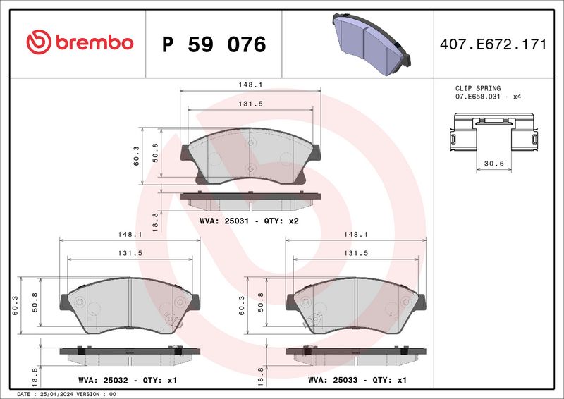 Zestaw klocków hamulcowych, hamulce tarczowe BREMBO P 59 076X