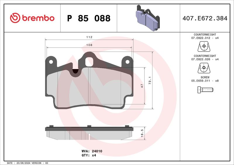 Zestaw klocków hamulcowych, hamulce tarczowe BREMBO P 85 088