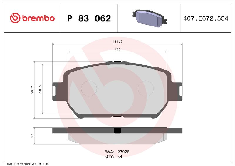 Zestaw klocków hamulcowych, hamulce tarczowe BREMBO P 83 062