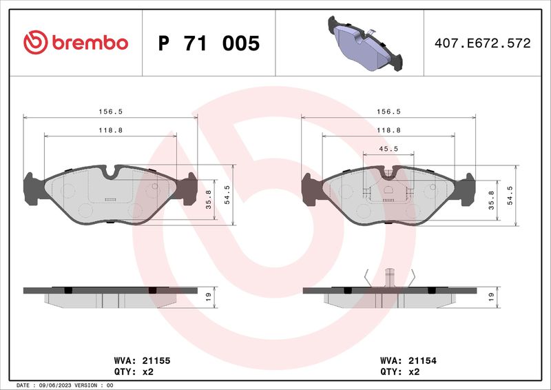Zestaw klocków hamulcowych, hamulce tarczowe BREMBO P 71 005