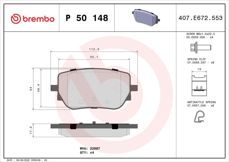 Zestaw klocków hamulcowych, hamulce tarczowe BREMBO P 50 148