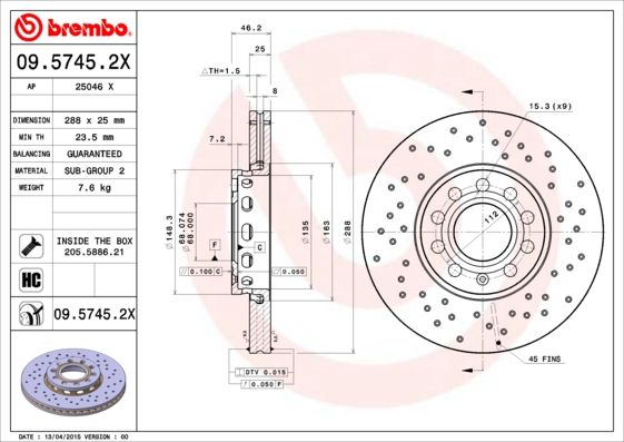 Tarcza hamulcowa BREMBO 09.5745.2X