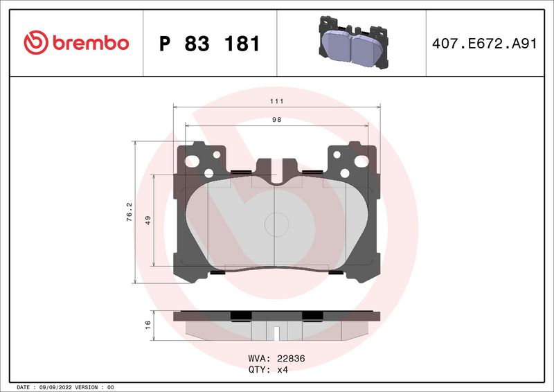 Zestaw klocków hamulcowych, hamulce tarczowe BREMBO P 83 181