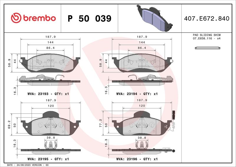Zestaw klocków hamulcowych, hamulce tarczowe BREMBO P 50 039