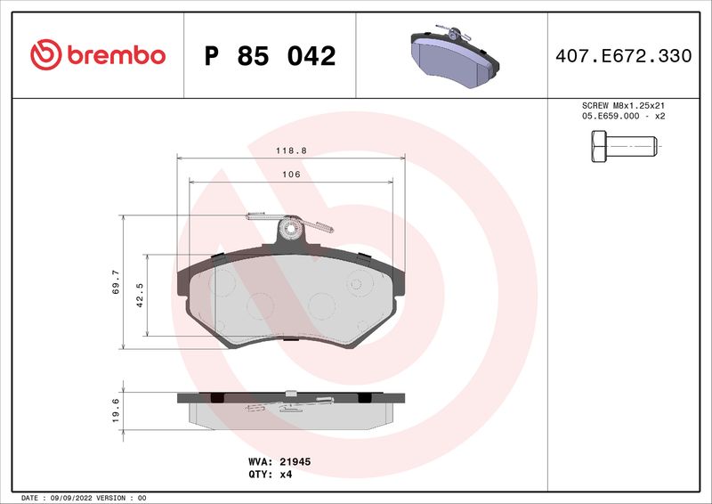 Zestaw klocków hamulcowych, hamulce tarczowe BREMBO P 85 042