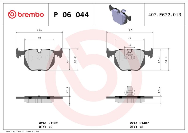 Zestaw klocków hamulcowych, hamulce tarczowe BREMBO P 06 044