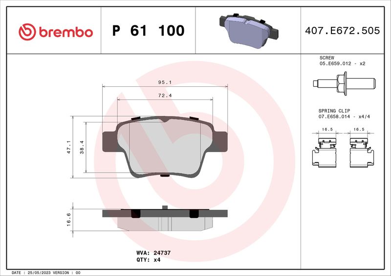 Zestaw klocków hamulcowych, hamulce tarczowe BREMBO P 61 100