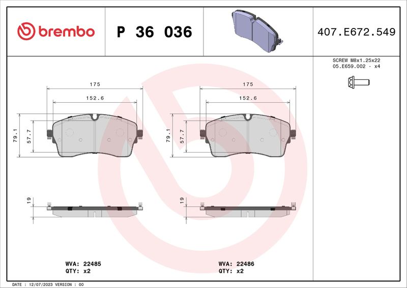 Zestaw klocków hamulcowych, hamulce tarczowe BREMBO P 36 036