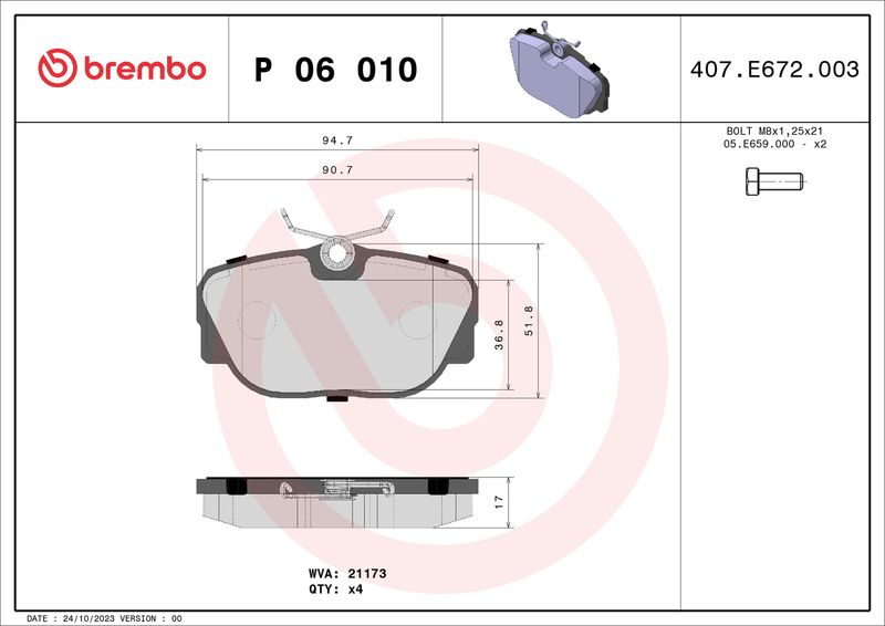 Zestaw klocków hamulcowych, hamulce tarczowe BREMBO P 06 010