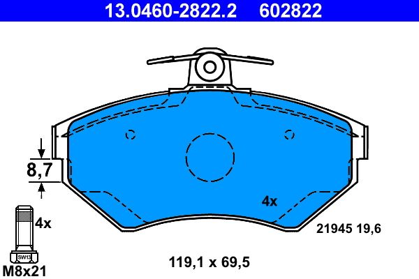Zestaw klocków hamulcowych, hamulce tarczowe ATE 13.0460-2822.2