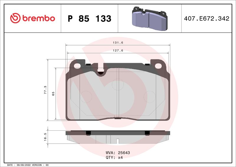 Zestaw klocków hamulcowych, hamulce tarczowe BREMBO P 85 133